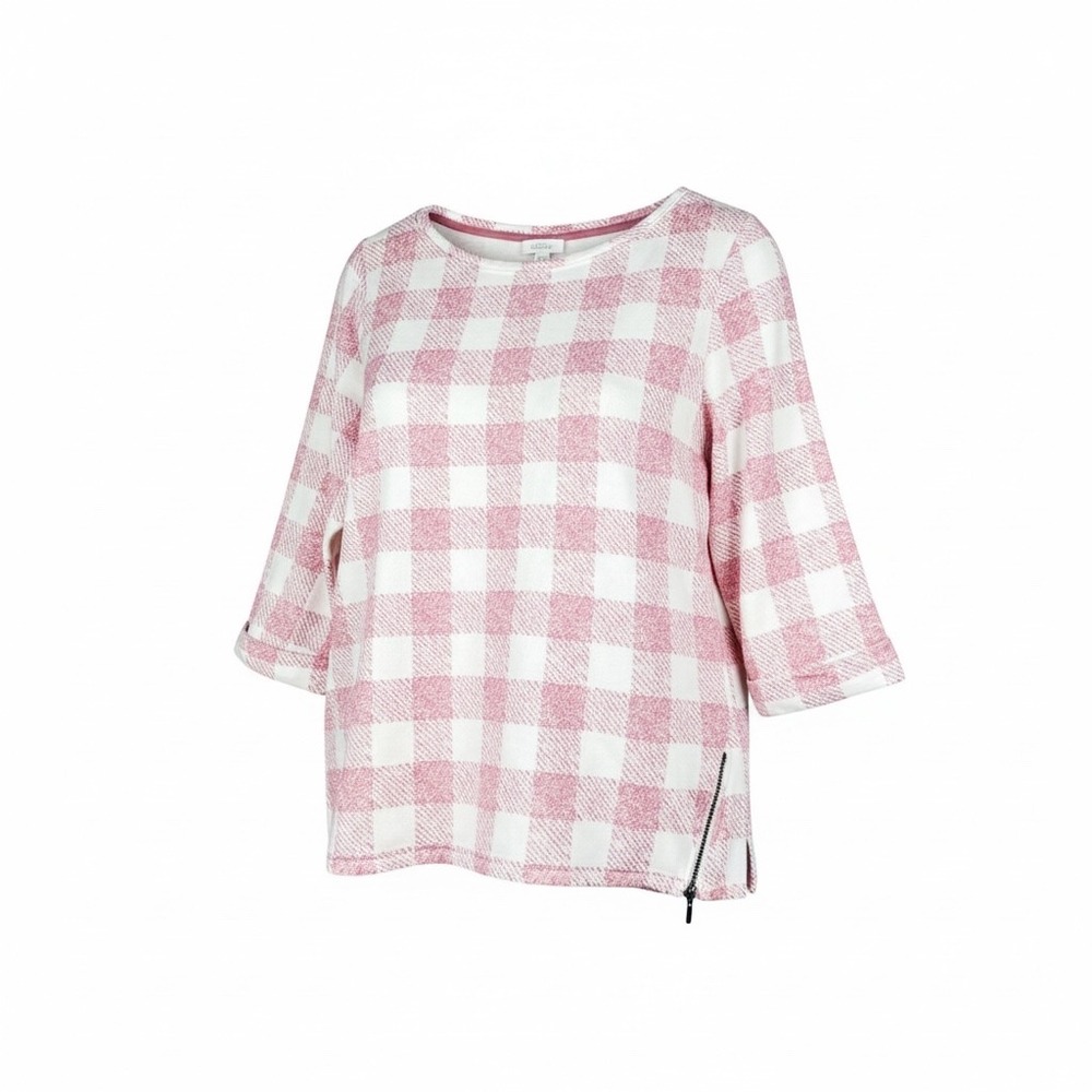 J Jill Womens XL Petite Pink White Buffalo Check Quarter Zip Sweatshirt